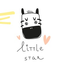 little star. Cartoon zebra, hand drawing lettering, decor elements. Colorful flat style vector illustration for kids. baby design for cards, prints, posters