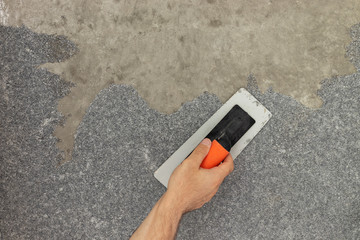 Pasting silk plaster (liquid wallpaper) on ceiling.