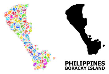 Vector Collage Map of Boracay Island of Colorful Weed Leaves and Solid Map
