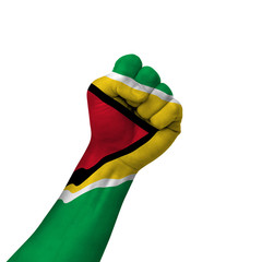 Hand making victory sign, guyana painted with flag as symbol of victory, resistance, fight, power, protest, success - isolated on white background