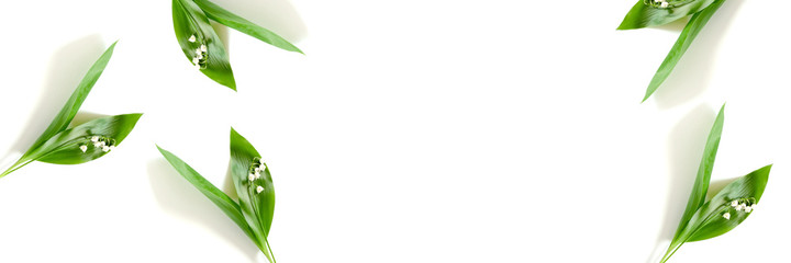 Banner with lily of the valley flowers on a white background. Creative header template with place for text.