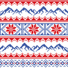 Mountains and snowboard vector seamless pattern, Fair Isle style traditional knitwear - hike, ski and snowboard concept
