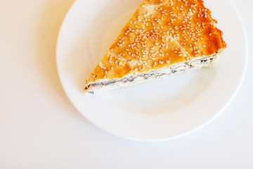 Vegetable closed pie with spinach and chicken on white plate on yellow background