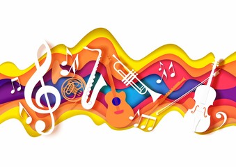 Vector layered paper cut craft style music composition of saxophone guitar trumpet violin music instruments, notes on abstract color background. Jazz concert festival party poster banner card template - obrazy, fototapety, plakaty