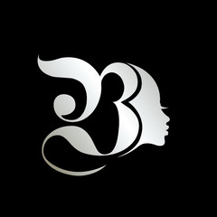 Letter B and woman portrait silhouette.Beauty salon, hairstyle, cosmetics and spa logo.Typographic icon isolated on dark fund.Decorative lettering sign with uppercase alphabet initial.Silver color.
