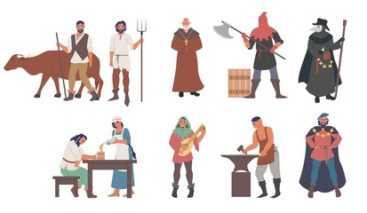 Medieval people male and female cartoon character set flat vector isolated illustration. Priest, peasants, executioner, plague doctor, blacksmith, musician, minstrel, royal courtier. Medieval clothing