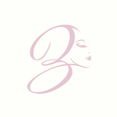 Letter B and woman portrait.Beauty salon, makeup, cosmetics and spa logo.Typographic icon isolated on light fund.Decorative lettering sign with uppercase alphabet initial.Pink color calligraphic line.