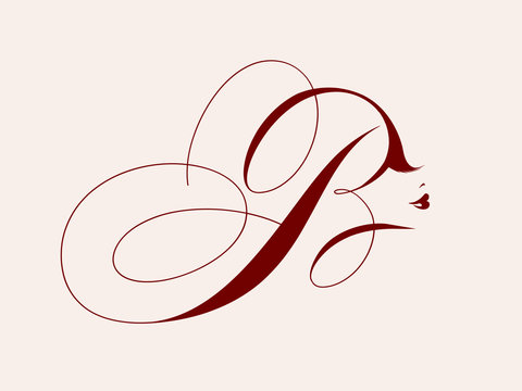 Letter B and woman portrait.Beauty salon, cosmetics and spa logo.Typographic icon isolated on light background.Decorative lettering sign with uppercase alphabet initial.Red color.Calligraphic lines.