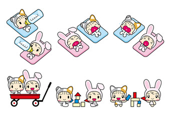 ねことうさぎの着ぐるみを着た赤ちゃんセット