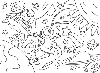 Space doodle vector illustration. Hand drawn space elements. Space, astronaut, rocket, planets, sun, stars, flying saucer. Illustration for children.
