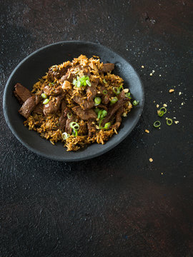Stir fried lamb, fried rice & peanuts