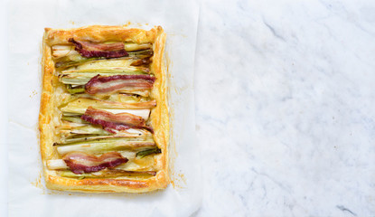 Leek, Camembert and bacon tart