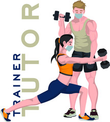 A man tutor teaching a barbell fitness pose to woman trainer