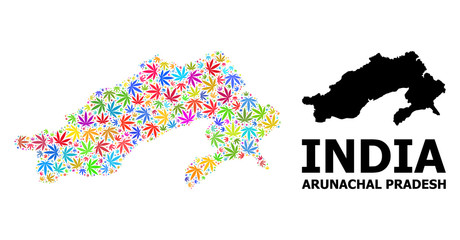 Obraz premium Vector Collage Map of Arunachal Pradesh State of Psychedelic Hemp Leaves and Solid Map