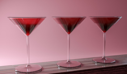 three modern wine glasses stand on a wooden beam. pink background. 3d render.