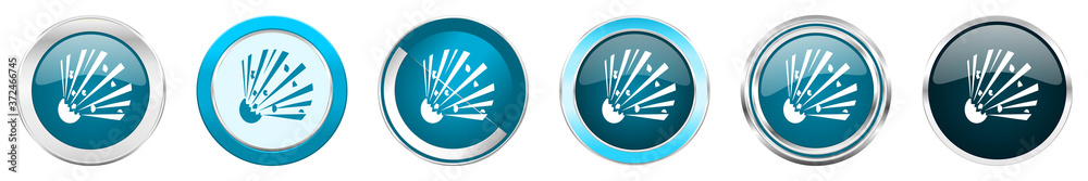 Aufkleber bomb silver metallic chrome border icons in 6 options, set of web blue round buttons isolated on whi