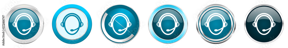 Poster customer service silver metallic chrome border icons in 6 options, set of web blue round buttons iso