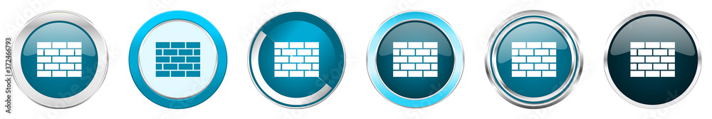 Fototapete firewall silver metallic chrome border icons in 6 options, set of web blue round buttons isolated on