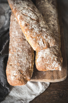 Ciabatta bread in a rustic kitchen