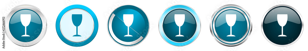 Poster alcohol silver metallic chrome border icons in 6 options, set of web blue round buttons isolated on 