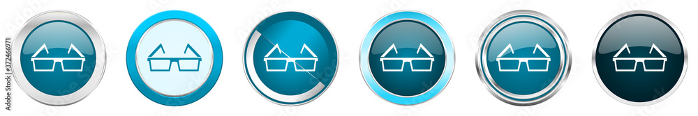 Aufkleber 3d glasses silver metallic chrome border icons in 6 options, set of web blue round buttons isolated 