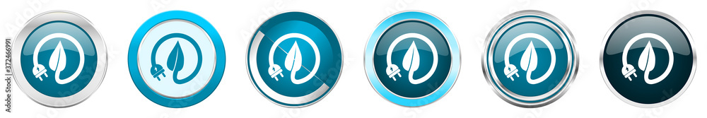 Poster eco electric plug silver metallic chrome border icons in 6 options, set of web blue round buttons is