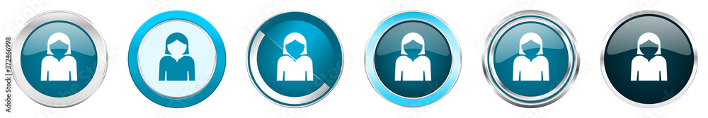 Aufkleber profile avatar silver metallic chrome border icons in 6 options, set of web blue round buttons isola