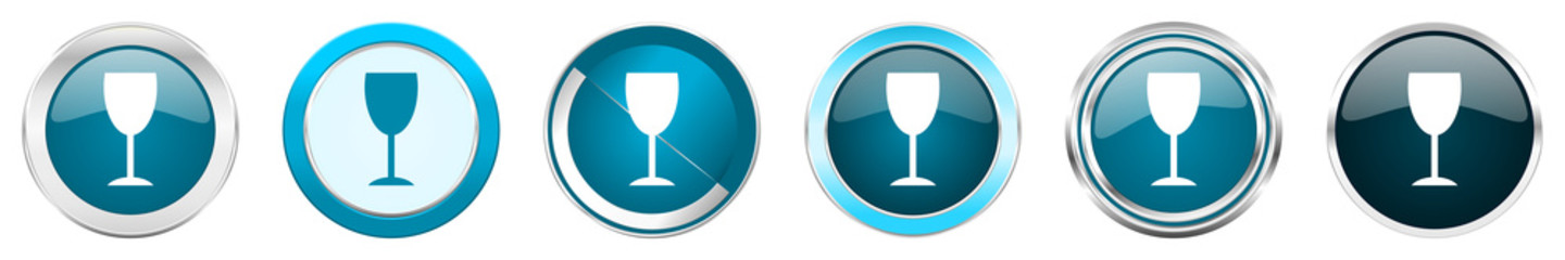 Alcohol silver metallic chrome border icons in 6 options, set of web blue round buttons isolated on white background