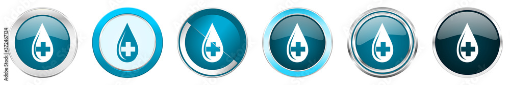 Poster blood silver metallic chrome border icons in 6 options, set of web blue round buttons isolated on wh