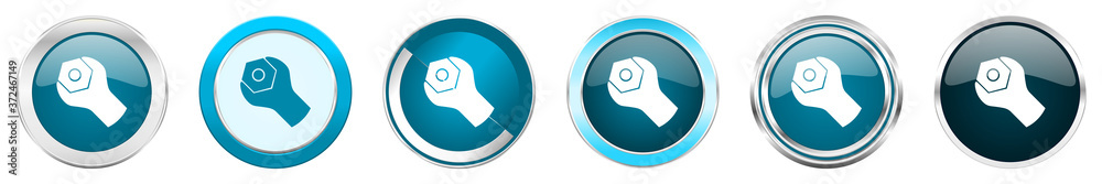 Fototapete tools silver metallic chrome border icons in 6 options, set of web blue round buttons isolated on wh