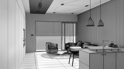 Unfinished project draft, modern living room, panoramic window, sofa and armchair with round carpet, dining table, island. Tiles floor, interior design