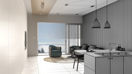 Fototapeta na wymiar Architect interior designer concept: unfinished project that becomes real, modern living room, panoramic window, sofa and armchair, dining table, island. Tiles floor, interior design