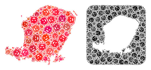 Evil virus map of Lombok Island mosaic created with rounded square and hole. Vector map of Lombok Island mosaic of infection virus parts in various sizes and color tinges.