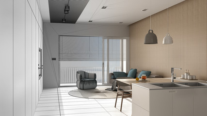 Obraz na płótnie Canvas Architect interior designer concept: unfinished project that becomes real, modern living room, panoramic window, sofa and armchair, dining table, island. Tiles floor, interior design