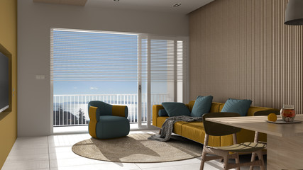 Modern living room in yellow tones and wooden details, panoramic window on sea panorama, sofa and armchair with round carpet, dining table, island. Marble floor, interior design