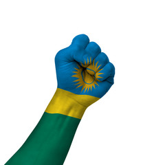 Hand making victory sign, rwanda painted with flag as symbol of victory, resistance, fight, power, protest, success - isolated on white background