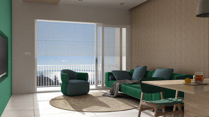 Modern living room in turquoise tones and wooden details, panoramic window on sea panorama, sofa and armchair with round carpet, dining table, island. Marble floor, interior design