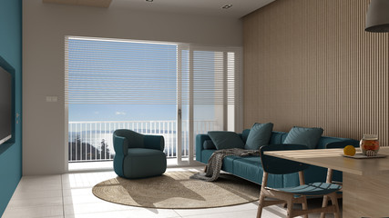 Modern living room in blue tones and wooden details, panoramic window on sea panorama, sofa and armchair with round carpet, dining table, island. Marble floor, interior design