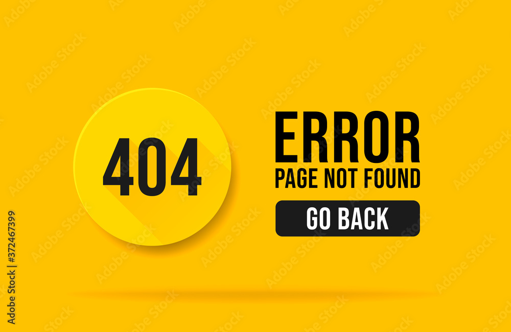 Poster 404 error page not found web page banner template. Pop up errors window. Isolated on yellow background.