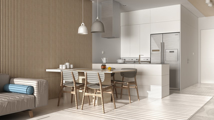 Modern living room in beige tones and wooden wall details, sofa, dining table with chairs, kitchen with island, appliances and pendant lamps. Marble floor, interior design