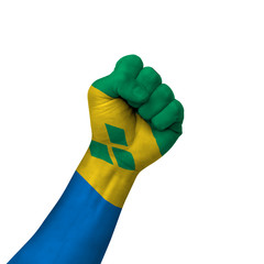 Hand making victory sign, saint vincent and grenadines painted with flag as symbol of victory, resistance, fight, power, protest, success - isolated on white background