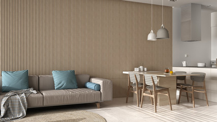 Modern living room in beige tones and wooden wall details, sofa, dining table with chairs, kitchen with island, appliances and pendant lamps. Marble floor, interior design