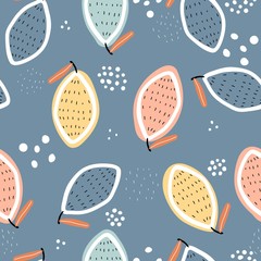 Seamless pattern with cartoon lemons, decor elements on a neutral background. vector flat style. hand drawing. design for fabric, textile, print, wrapper