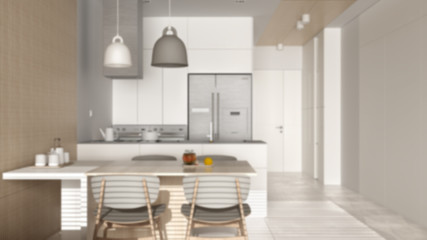 Blur background interior design, modern kitchen with dining room and wooden wall details, table with chairs, island with pendant lamps, appliances and decors. Tiles floor