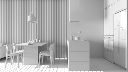 Total white project of modern living room with wooden wall details, sofa, dining table with chairs, kitchen with island, appliances and pendant lamps. Tiles floor, interior design