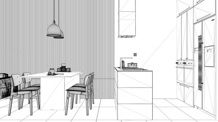 Fototapeta premium Blueprint project draft of modern living room with wooden wall details, sofa, dining table with chairs, kitchen with island, appliances and pendant lamps. Tiles floor, interior design