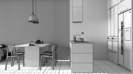 Unfinished project of modern living room with wooden wall details, sofa, dining table with chairs, kitchen with island, appliances and pendant lamps. Tiles floor, interior design