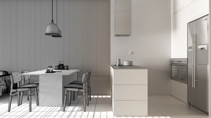 Architect interior designer concept: unfinished project that becomes real, modern living room with wooden walls, dining table with chairs, kitchen with island. Tiles floor, design