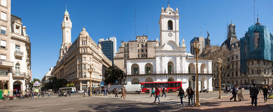 Buenos Aires, Argentina: Plaza de Mayo, looking west towards Avenidas de Mayo and Roca (panorama).