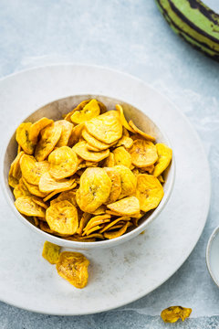Homemade Plantain Chips served in a bowl